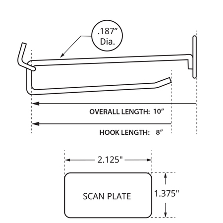 Azar Displays 8" Metal Wire Scan Hook: 0.187" Dia., PK50 700828